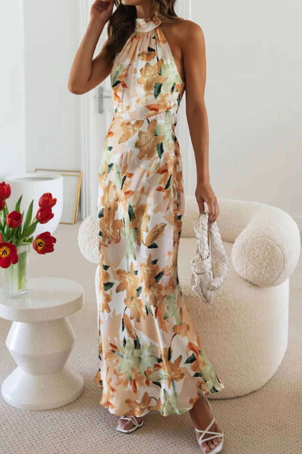 Floral Print Halter Neck Maxi Dress with Slit