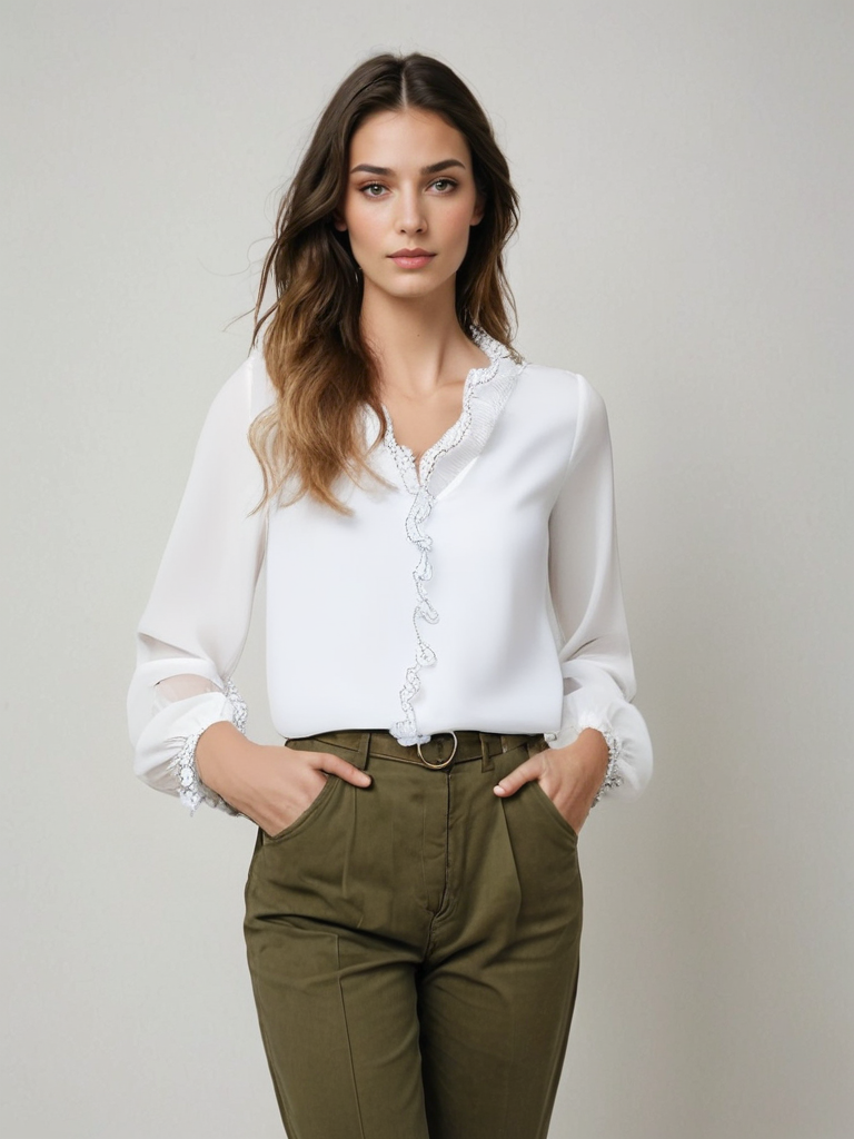 Langarmbluse Weiß mit Rüschen elegant