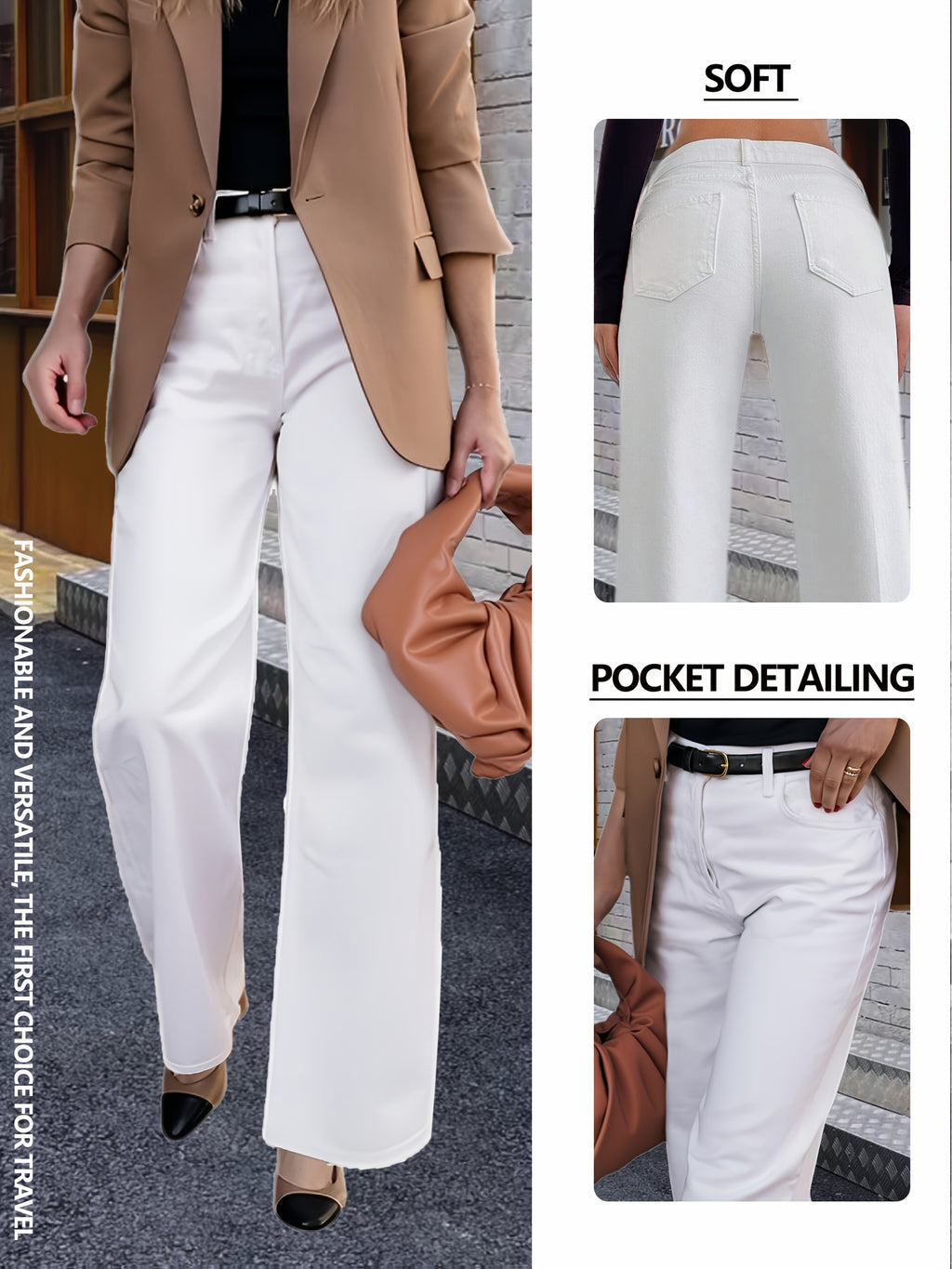 Weiße Wide-Leg Jeans mit hoher Taille und mehreren Taschen