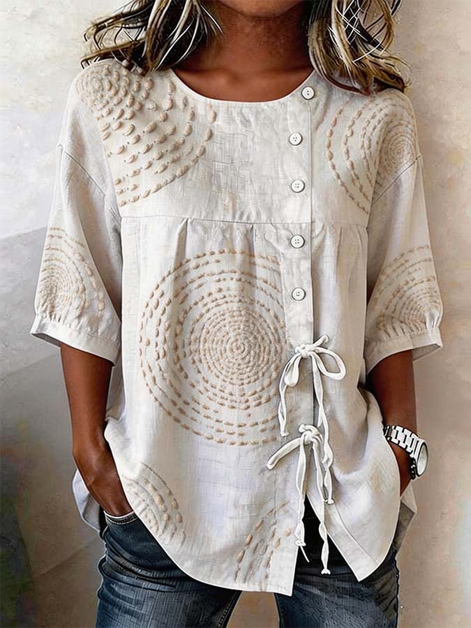 Textured Embroidery Linen Button Blouse
