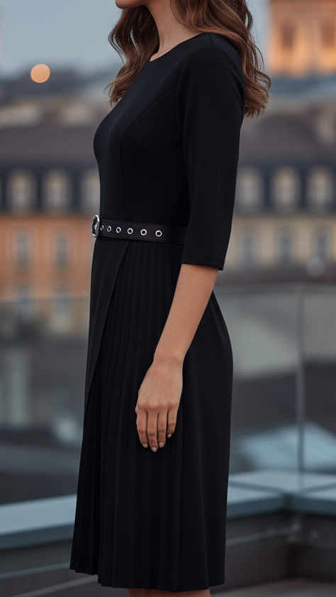 Midikleid Schwarz Langarm mit Gürtel Rückansicht