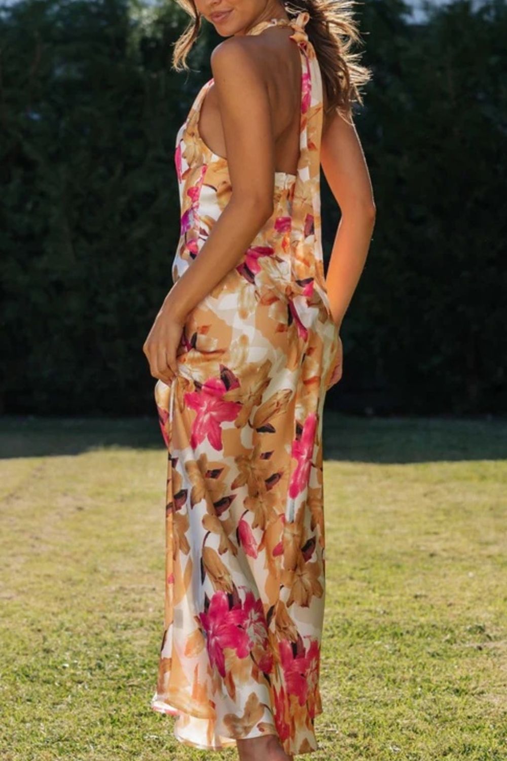 Floral Print Halter Neck Maxi Dress with Slit