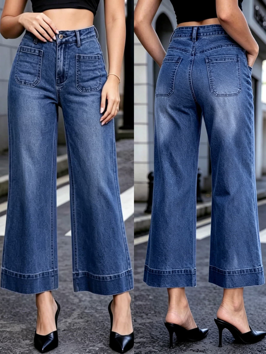 Cropped Schlagjeans mit hoher Taille im Wide-Leg-Schnitt