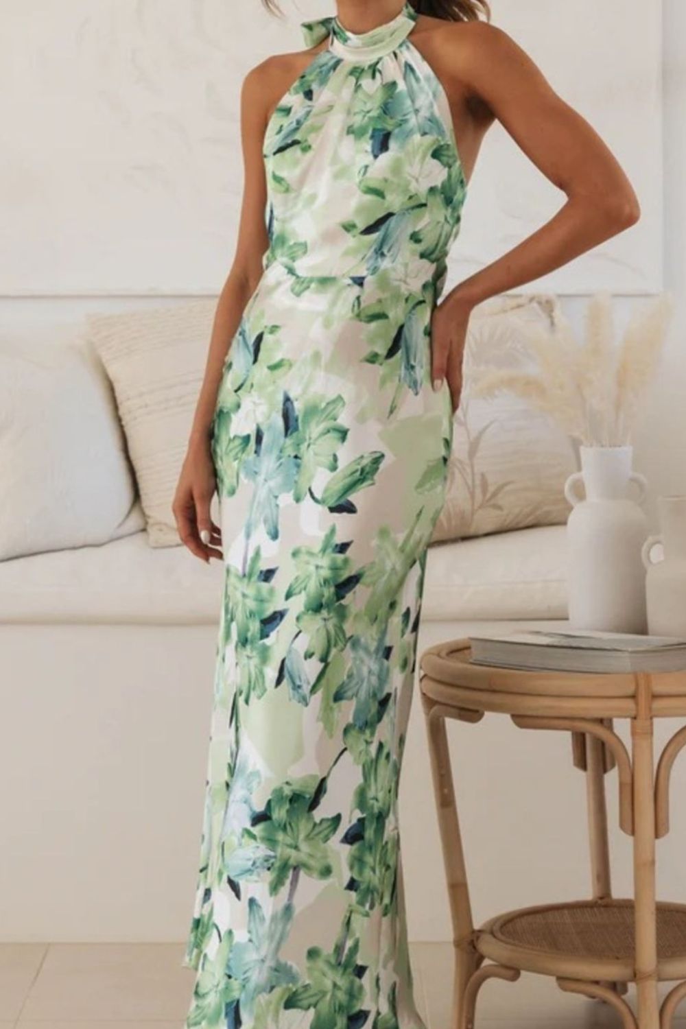 Floral Print Halter Neck Maxi Dress with Slit
