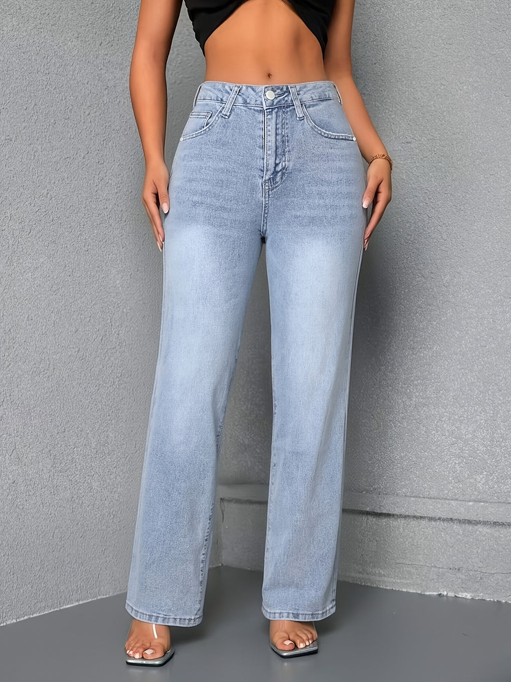 Gerade Wide-Leg Jeans mit mittlerer Bundhöhe in Puderblau