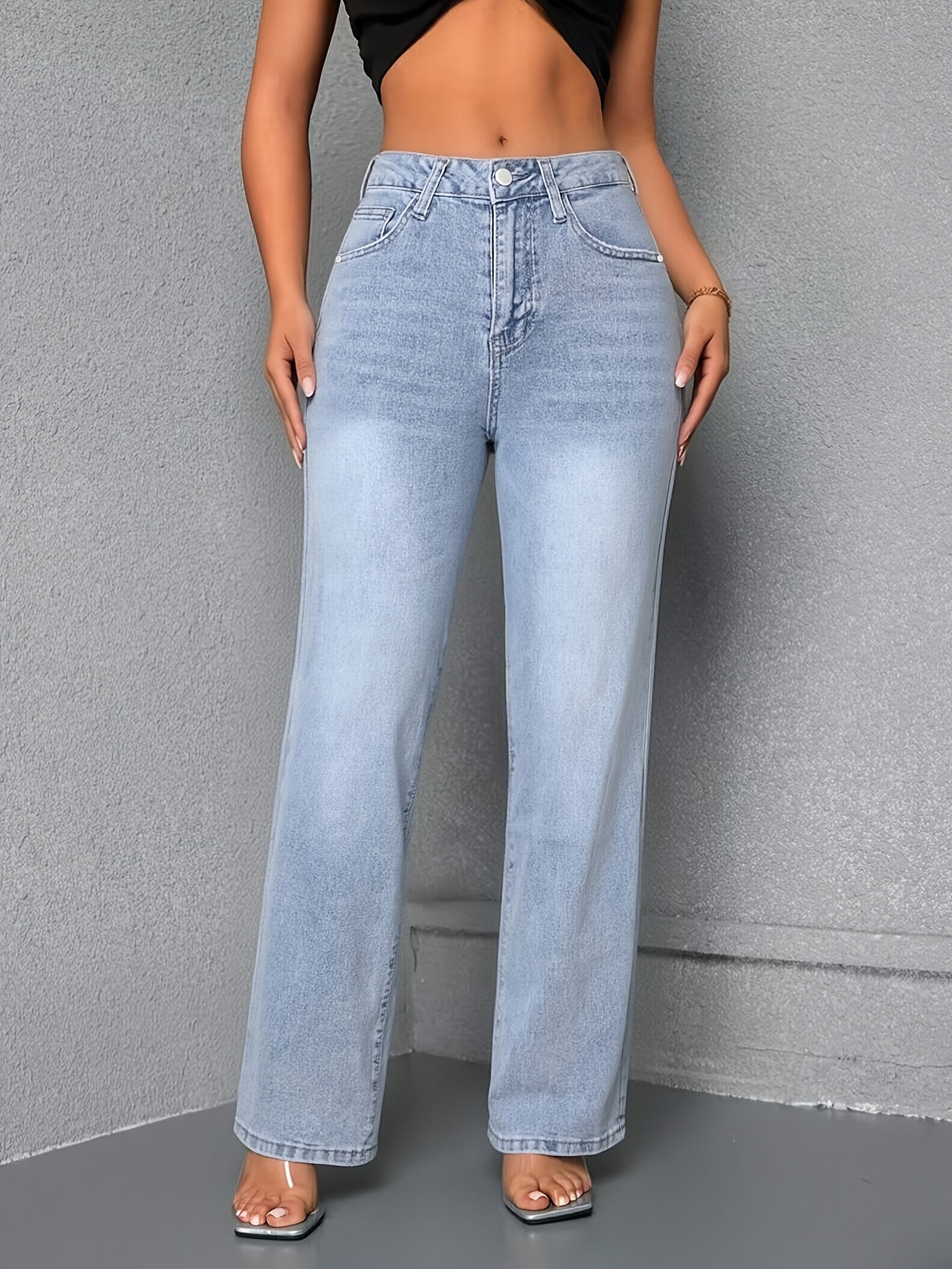 Gerade Wide-Leg Jeans mit mittlerer Bundhöhe in Puderblau