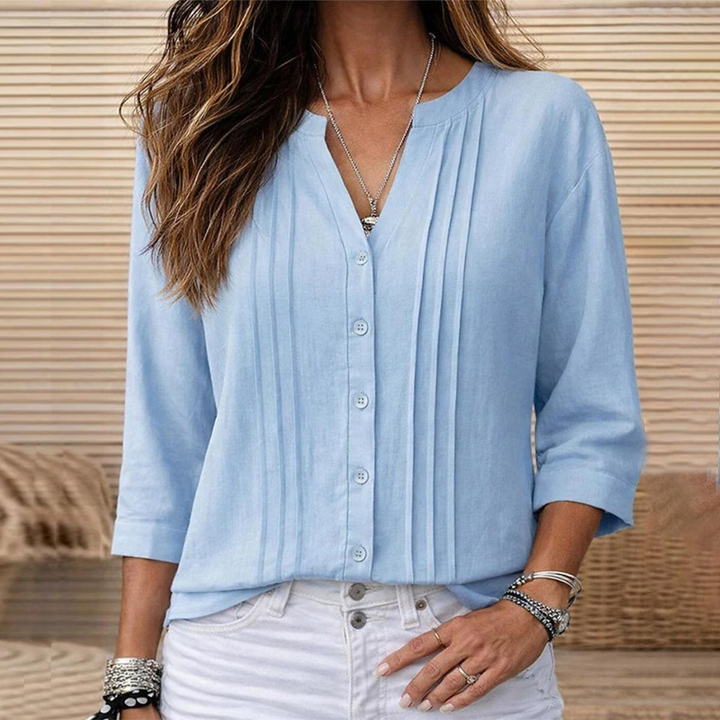 Pleated Button-Front Three-Quarter Sleeve Blouse