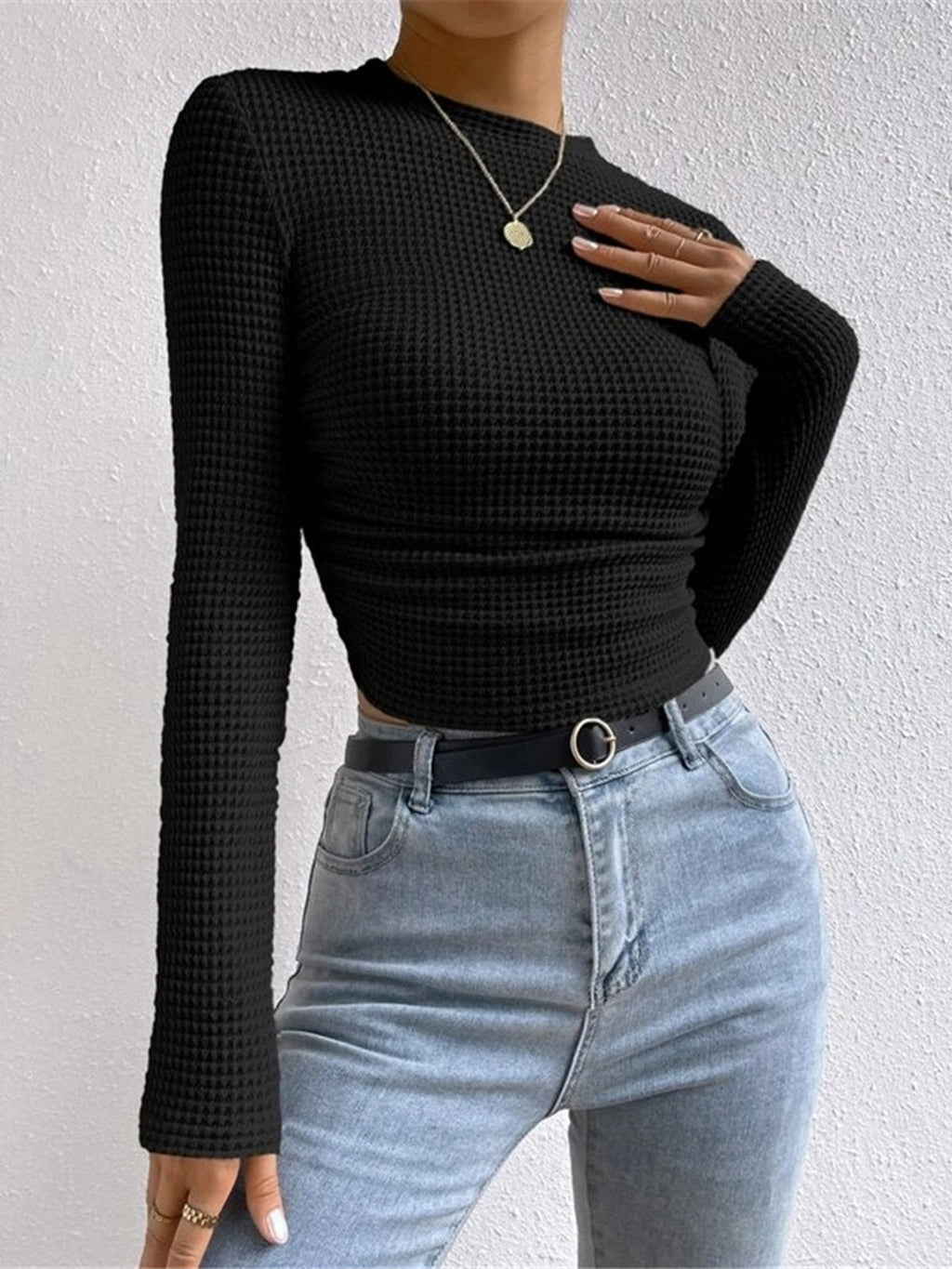 Crop Top Schwarz Langarm Waffelstrick