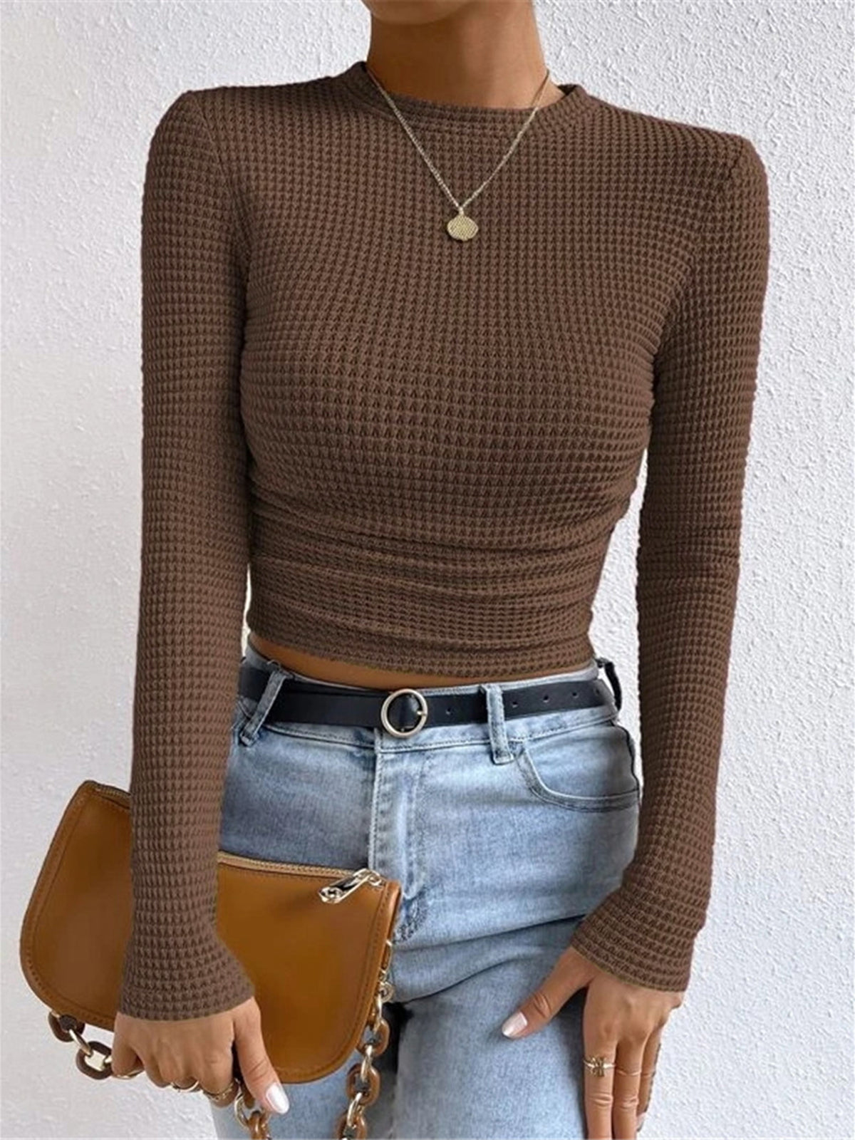 Crop Top Braun Langarm Waffelstrick