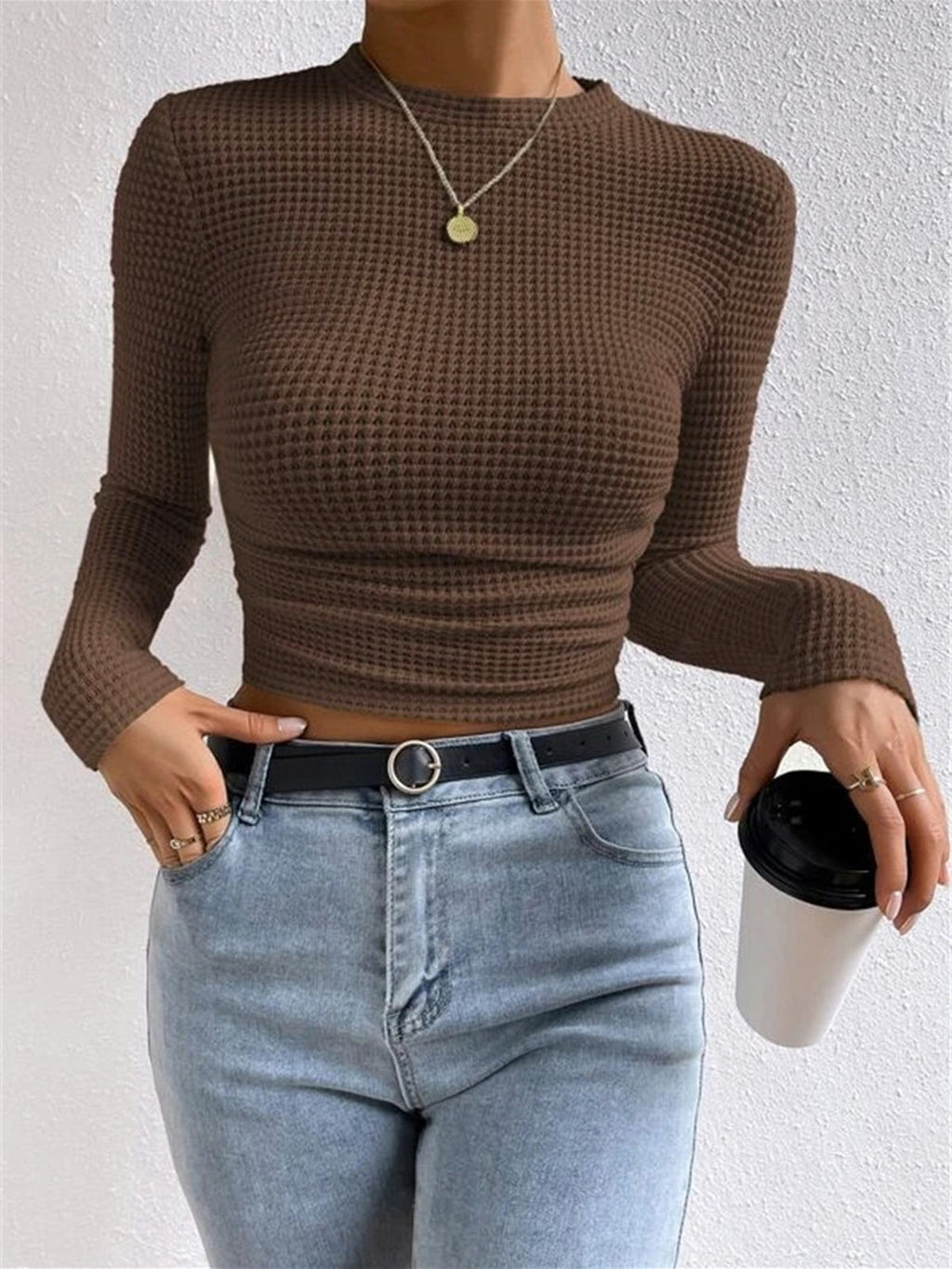 Crop Top Braun Langarm Waffelstrick seitlich