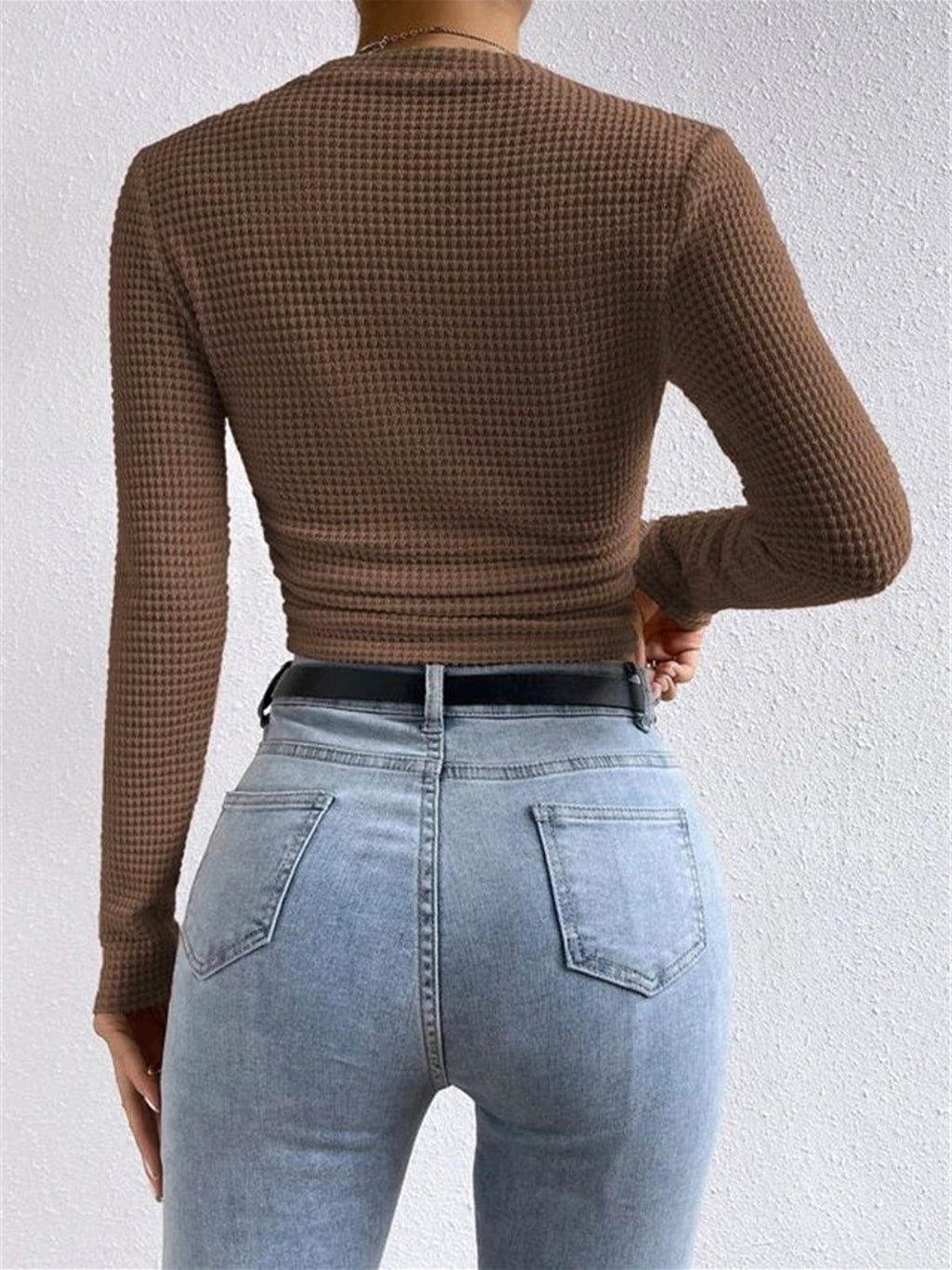 Crop Top Braun Langarm Waffelstrick Detail