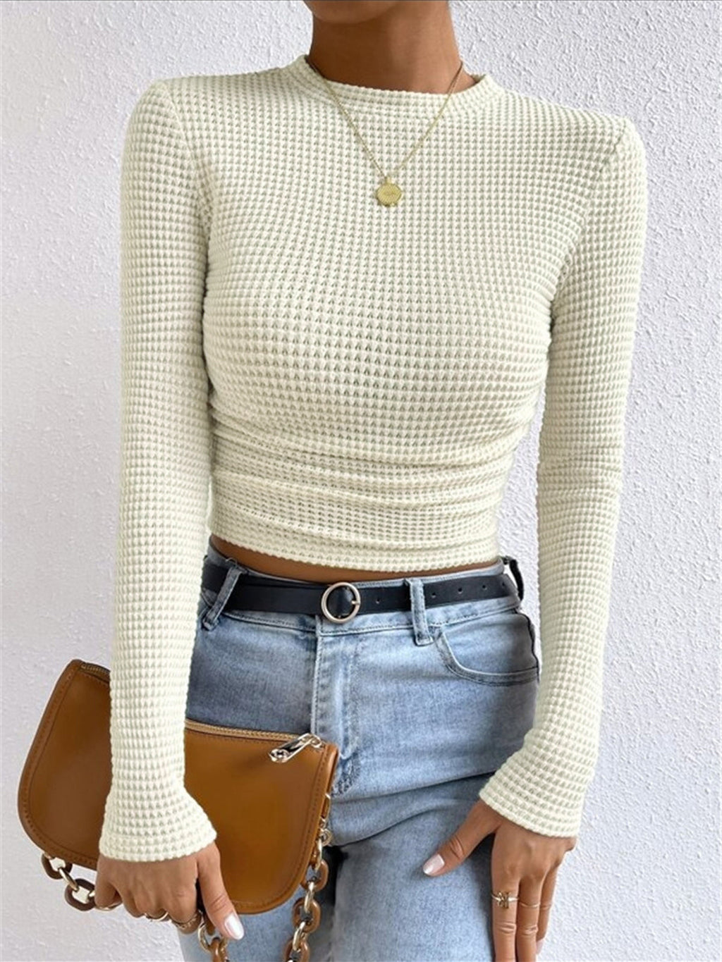 Crop Top Aprikose Langarm Waffelstrick