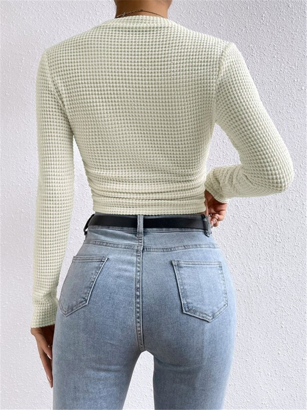 Crop Top Aprikose Langarm Waffelstrick getragen