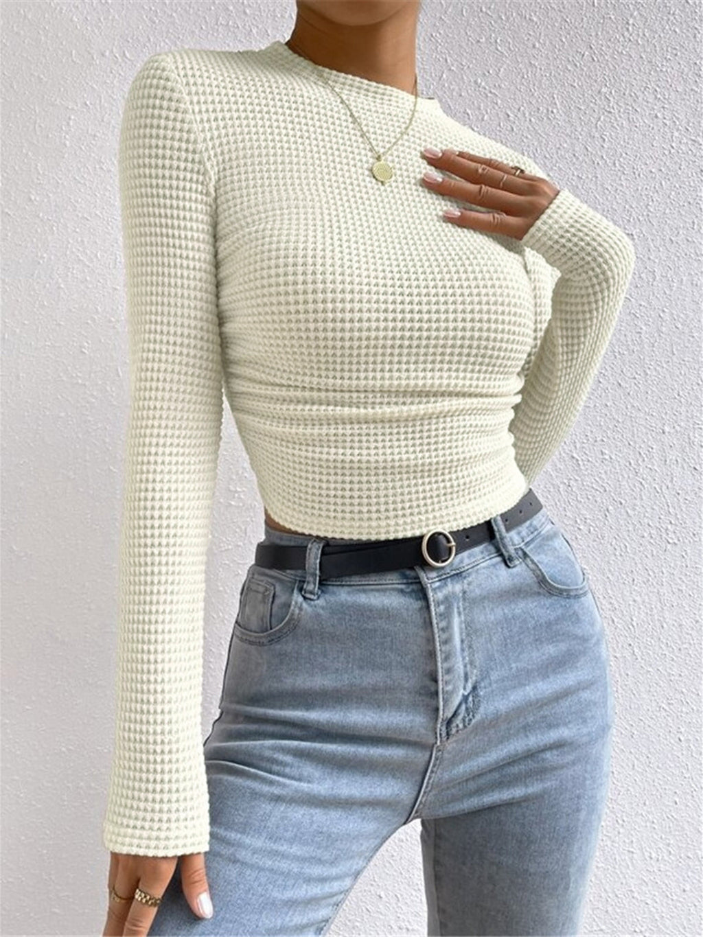 Crop Top Aprikose Langarm Waffelstrick seitlich