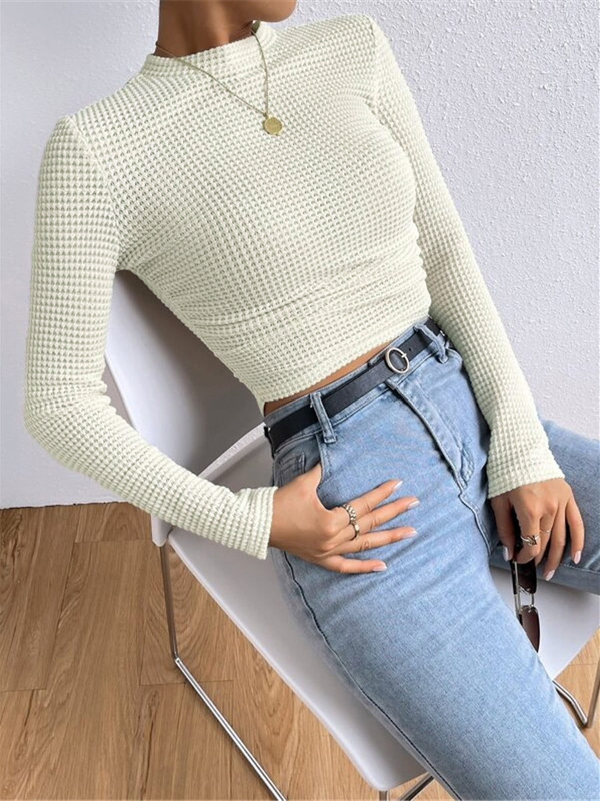 Crop Top Aprikose Langarm Waffelstrick Detail