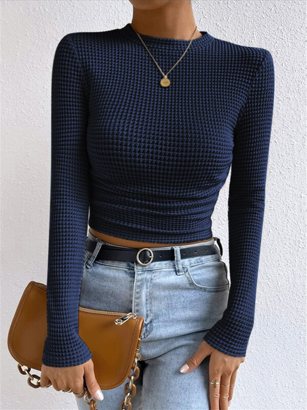 Crop Top Marineblau Langarm Waffelstrick