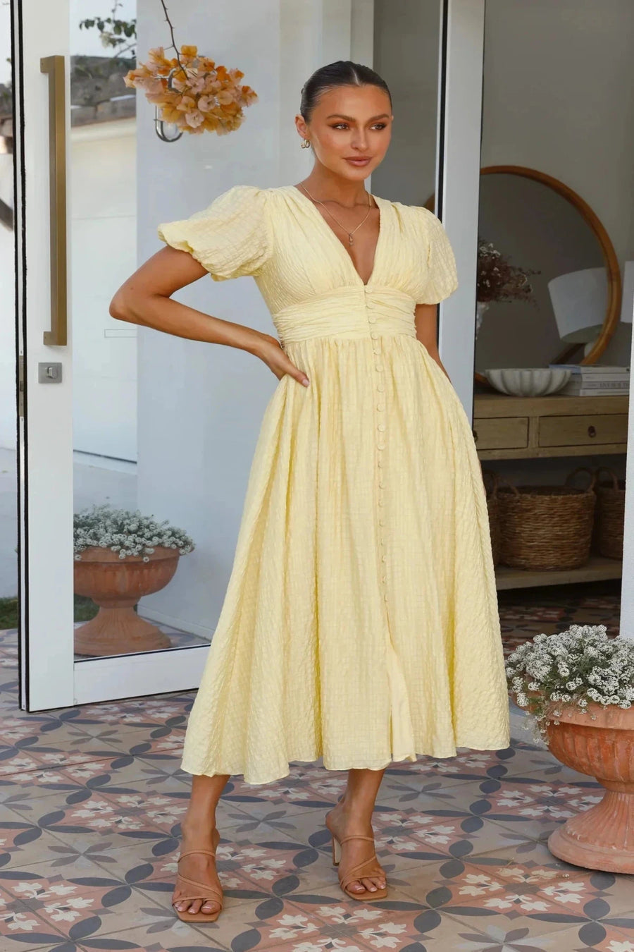 Puff Sleeve Button Front Maxi Dress