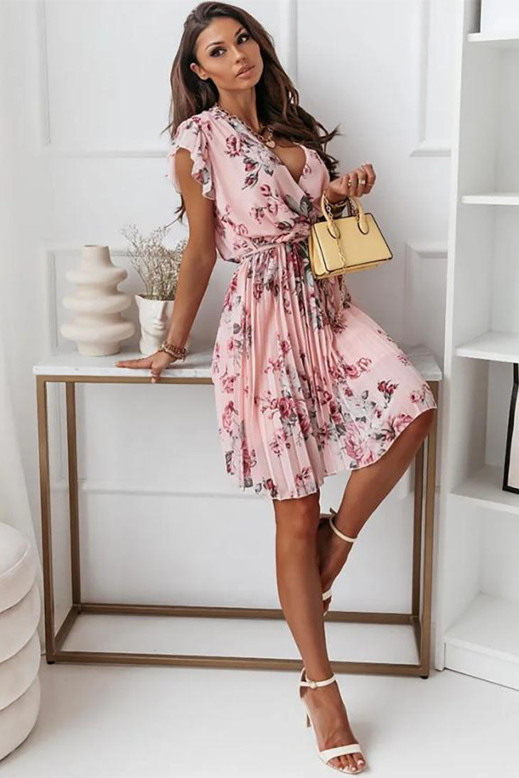 Floral Wrap V-Neck Boho Flutter Sleeve Mini Dress