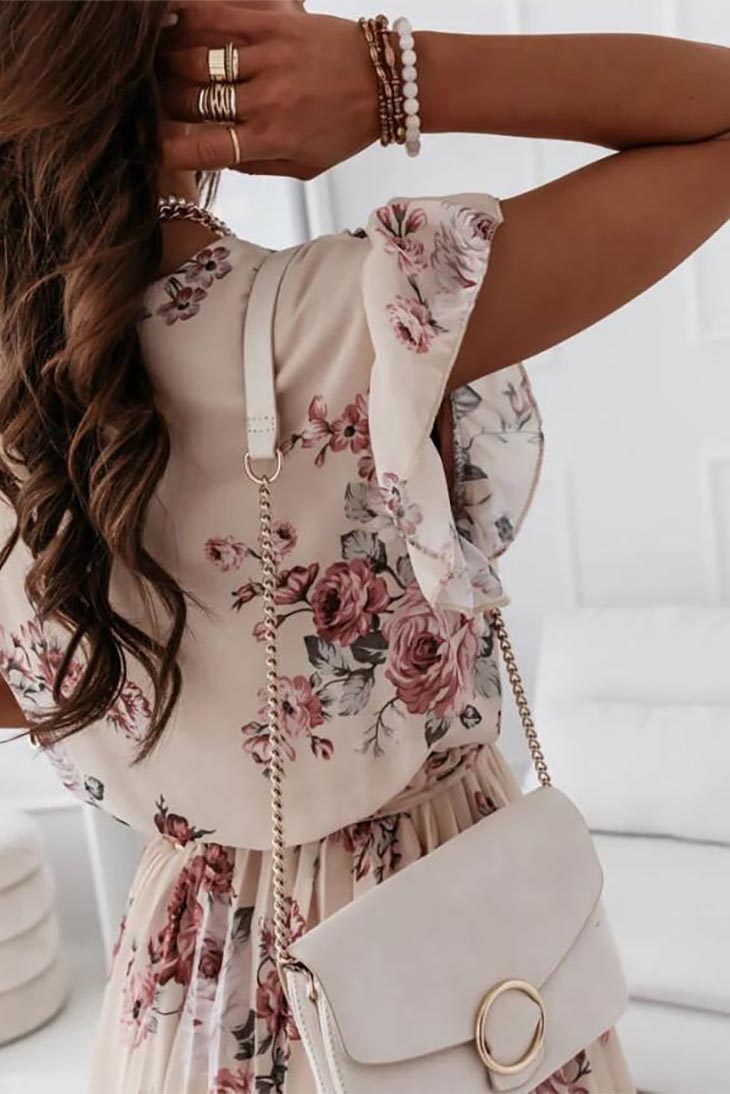 Floral Wrap V-Neck Boho Flutter Sleeve Mini Dress