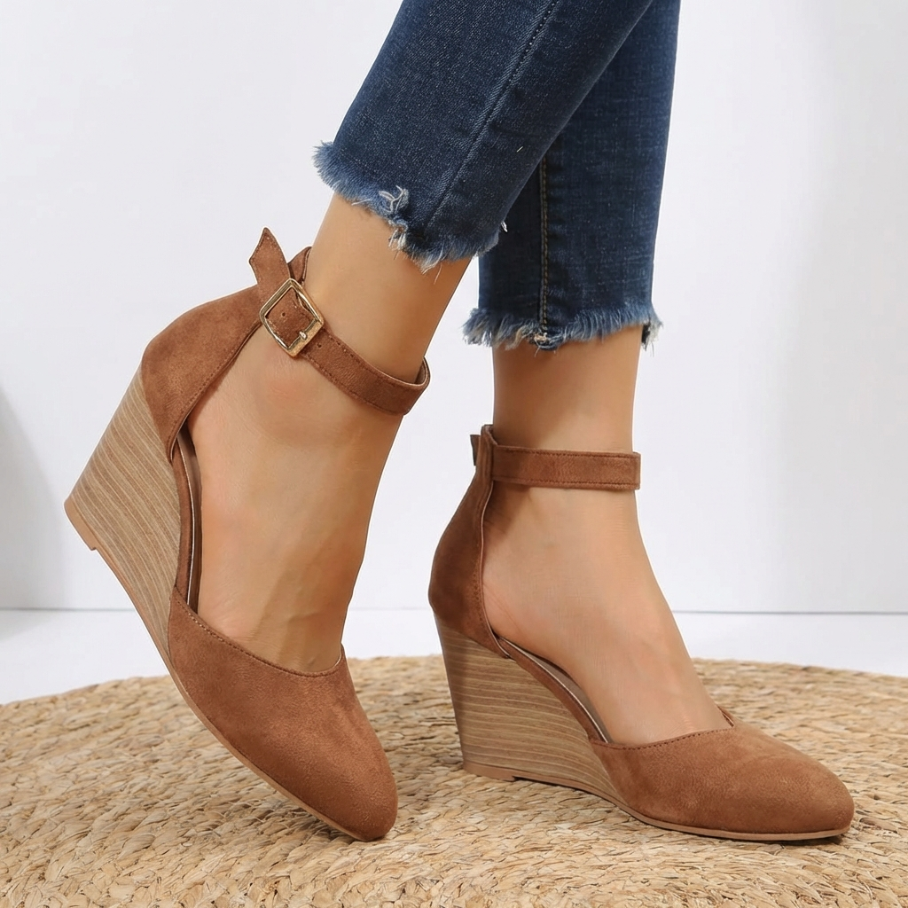 Pointed Toe Ankle Strap Wedge Heels
