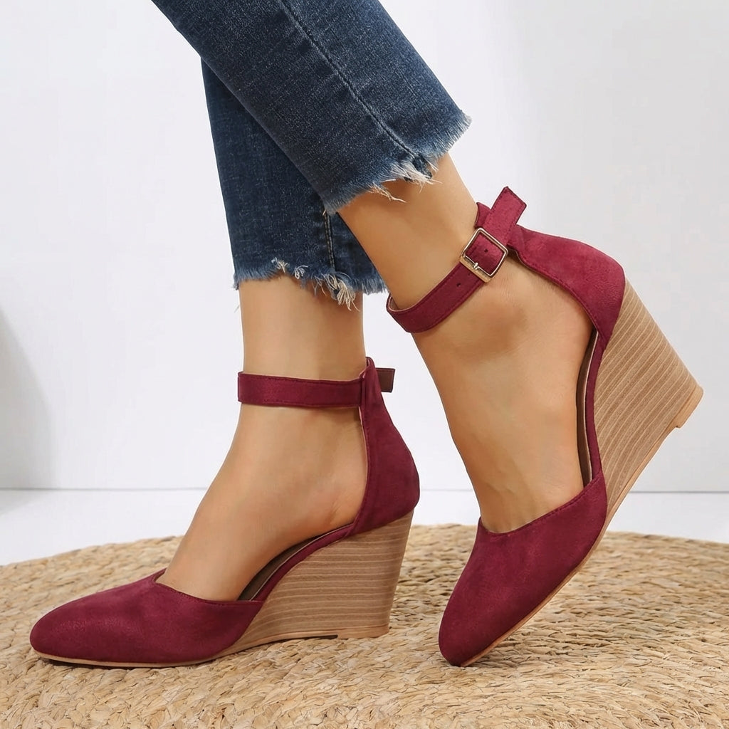 Pointed Toe Ankle Strap Wedge Heels