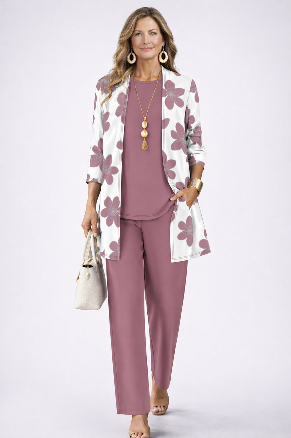 Dreiteiler Set Cardigan Oberteil und weite Hose natürliche Töne