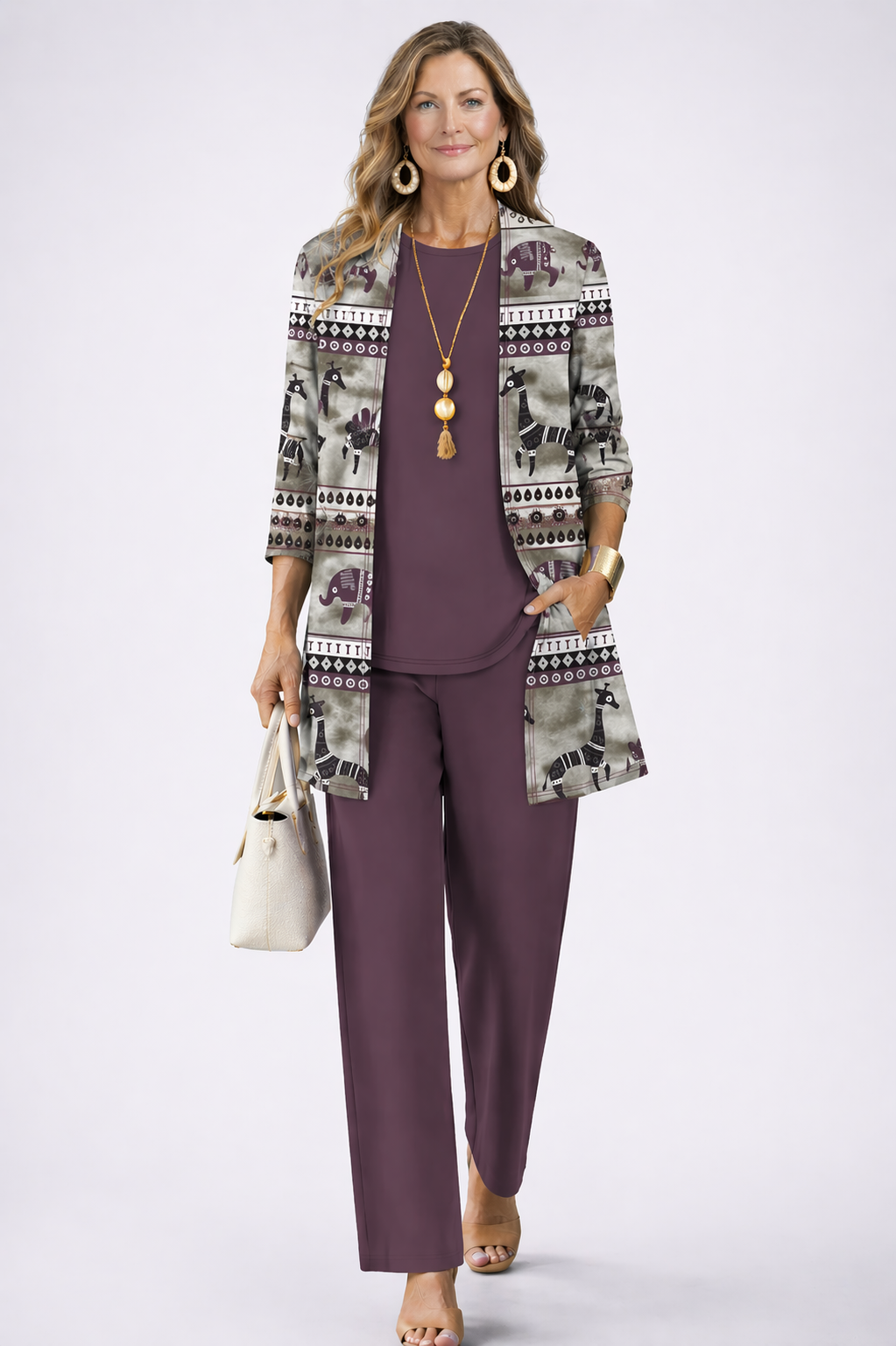 Dreiteiler Set Cardigan Oberteil und weite Hose natürliche Töne