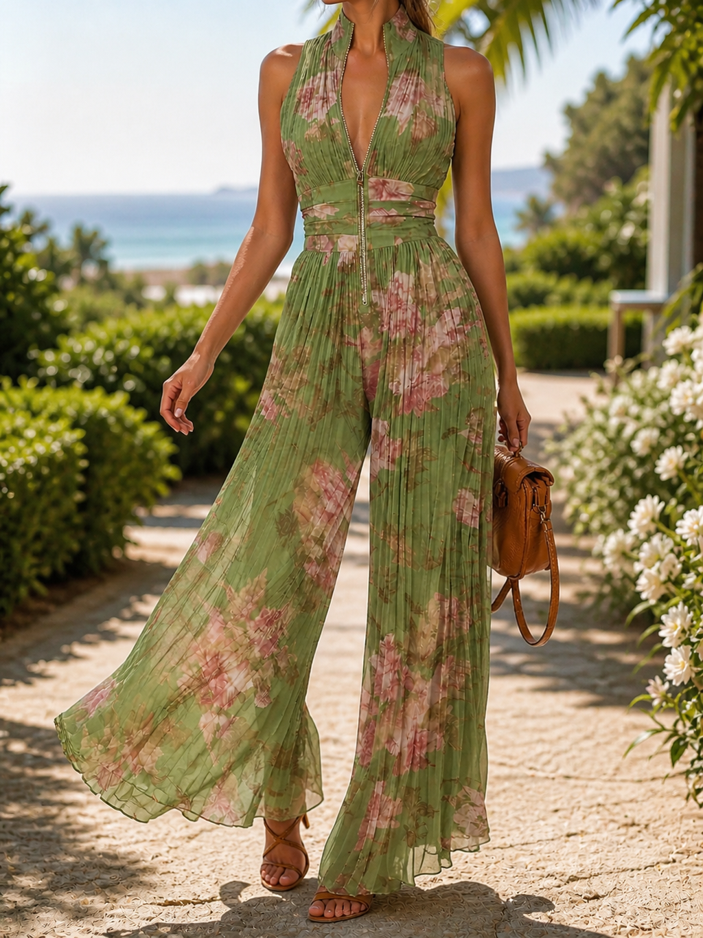Floral Chiffon Wide-Leg V-Neck Jumpsuit