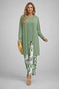 Dreiteiler Set Cardigan Oberteil und weite Hose natürliche Töne