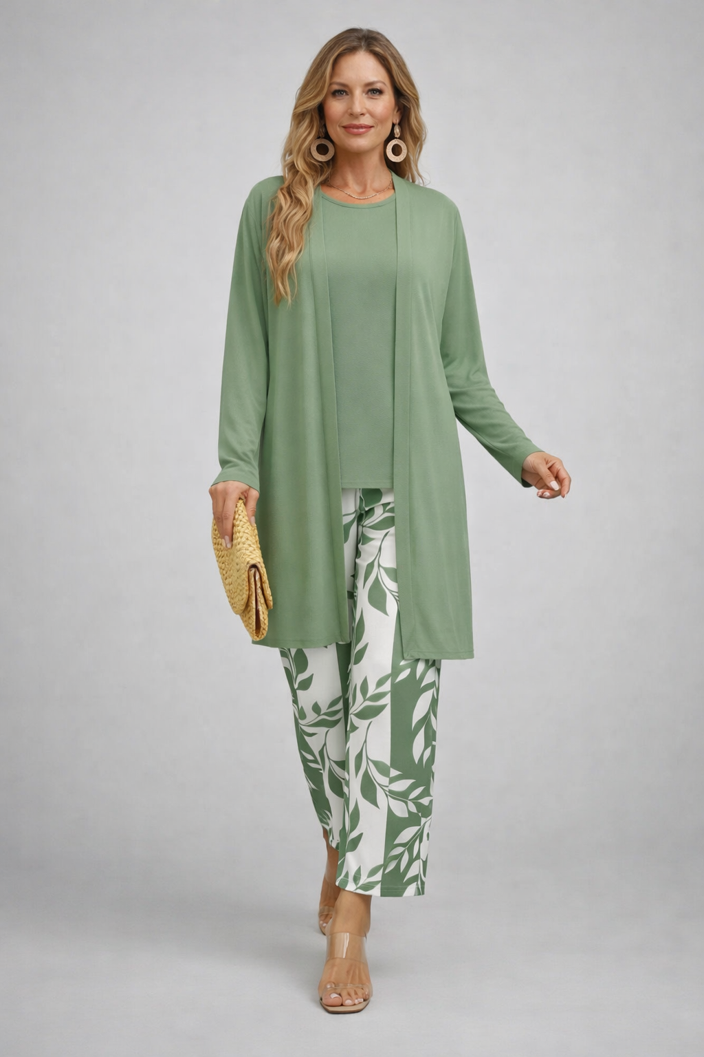Dreiteiler Set Cardigan Oberteil und weite Hose natürliche Töne