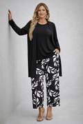 Dreiteiler Set Cardigan Oberteil und weite Hose natürliche Töne