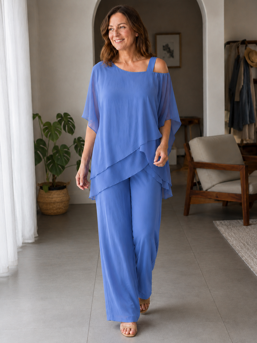 Cold-Shoulder Jumpsuit Damen in Blau mit weitem Bein