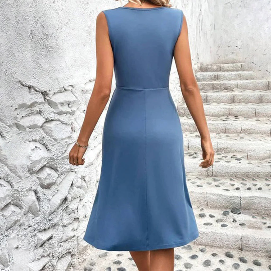 Ruched V-Neck Sleeveless A-Line Wedding Guest Midi Dress