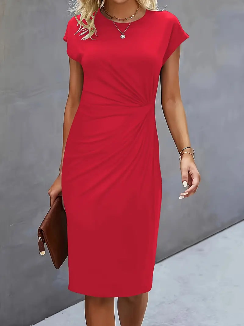Short Sleeve Ruched Waist Midi Dress