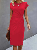 Short Sleeve Ruched Waist Midi Dress
