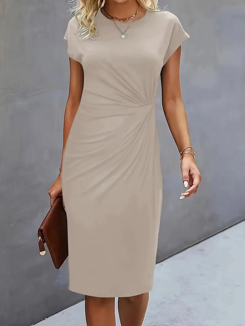 Short Sleeve Ruched Waist Midi Dress