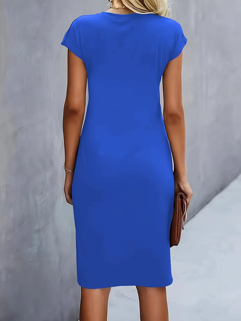 Short Sleeve Ruched Waist Midi Dress
