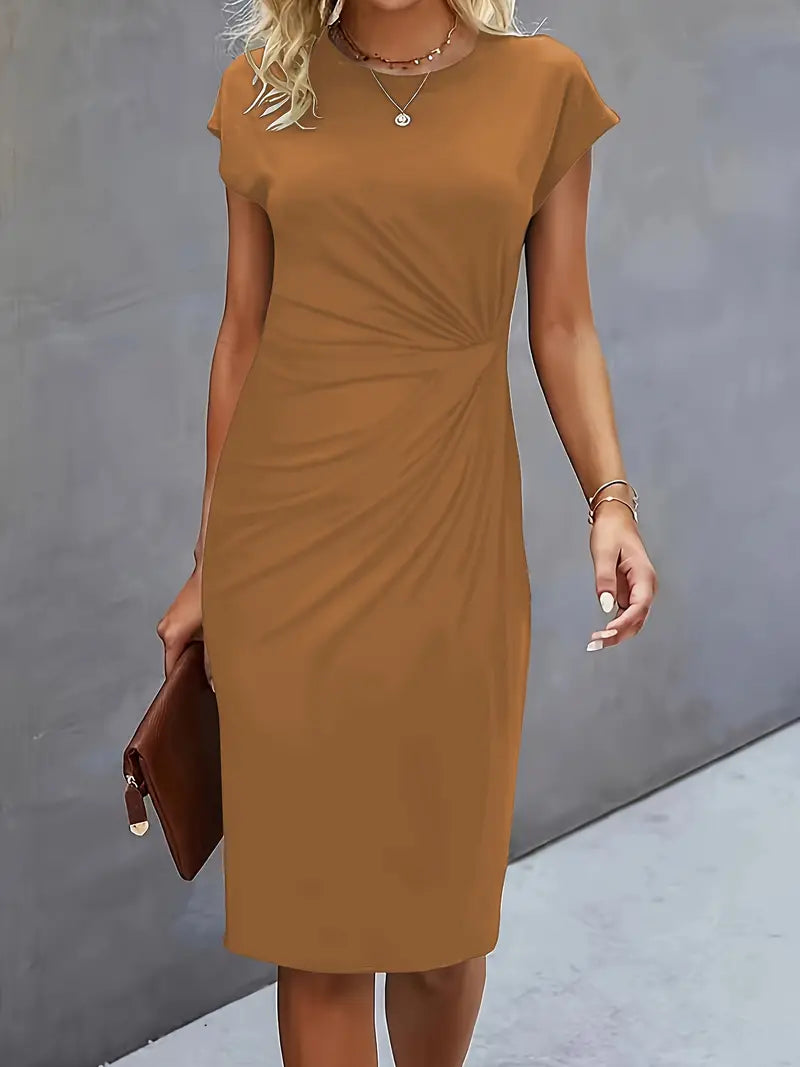 Short Sleeve Ruched Waist Midi Dress