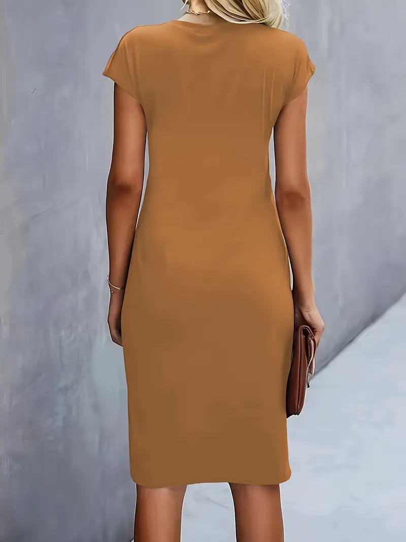 Short Sleeve Ruched Waist Midi Dress
