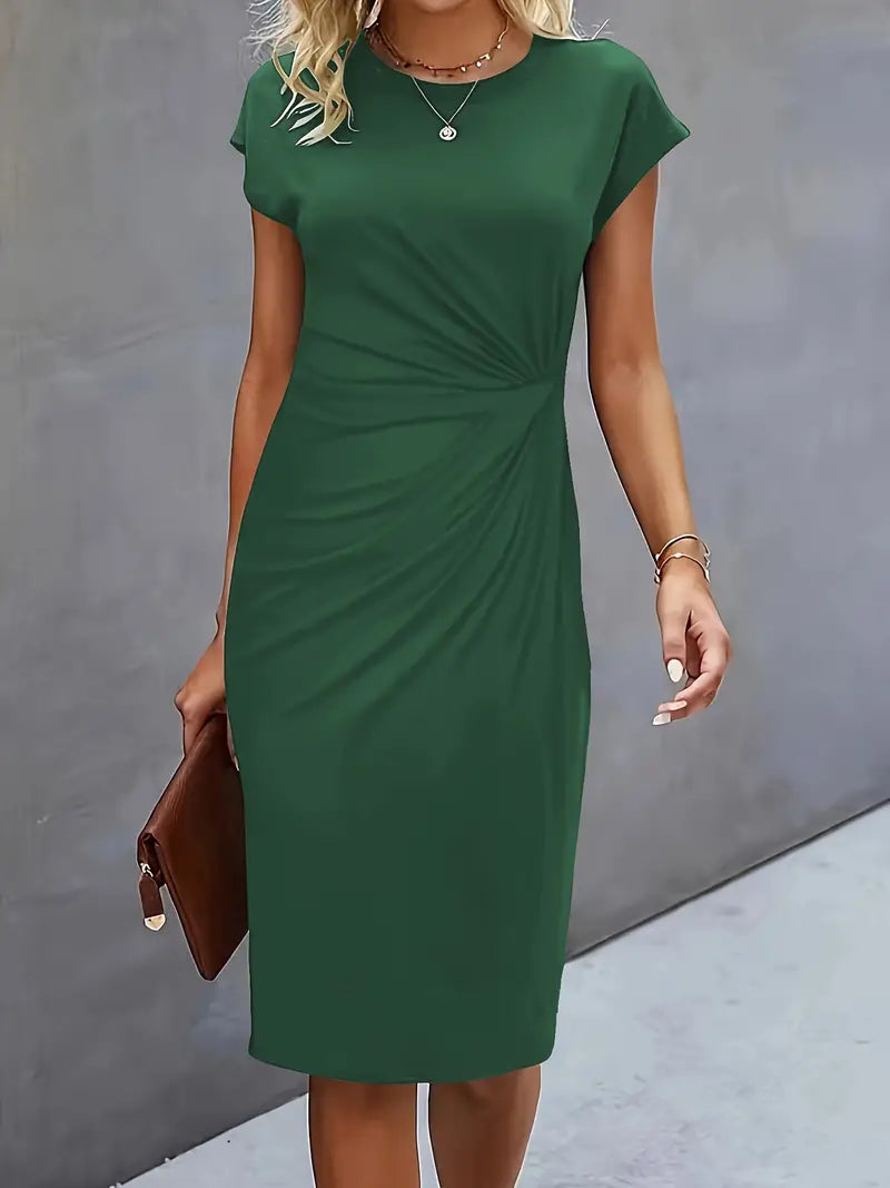 Short Sleeve Ruched Waist Midi Dress