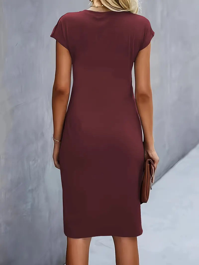 Short Sleeve Ruched Waist Midi Dress