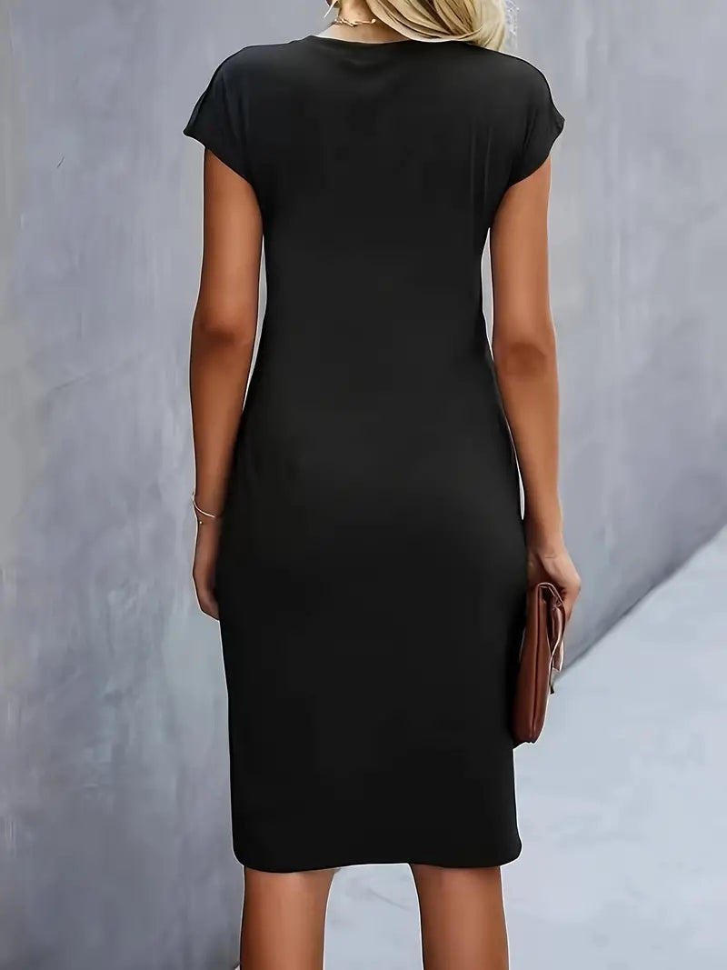 Short Sleeve Ruched Waist Midi Dress