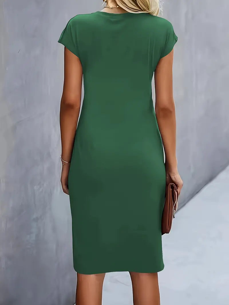Short Sleeve Ruched Waist Midi Dress
