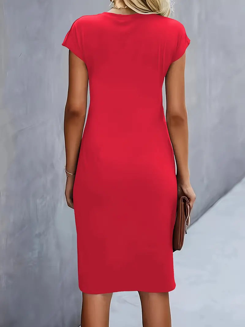 Short Sleeve Ruched Waist Midi Dress