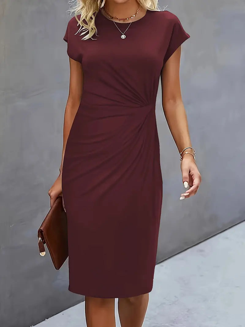 Short Sleeve Ruched Waist Midi Dress