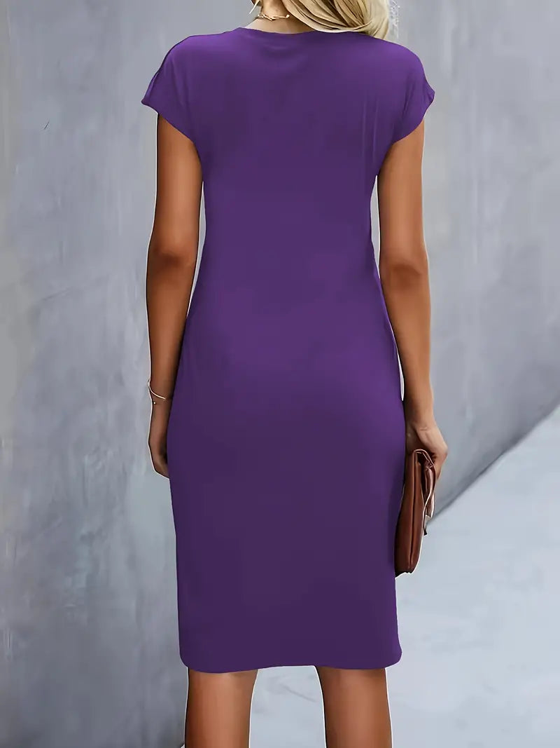 Short Sleeve Ruched Waist Midi Dress
