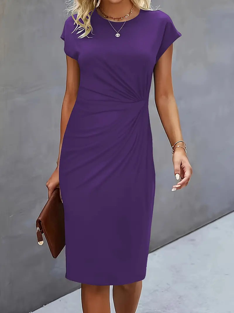 Short Sleeve Ruched Waist Midi Dress