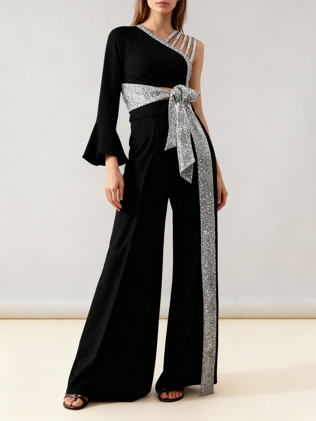Zweiteiler Glitzer One Shoulder Schwarz
