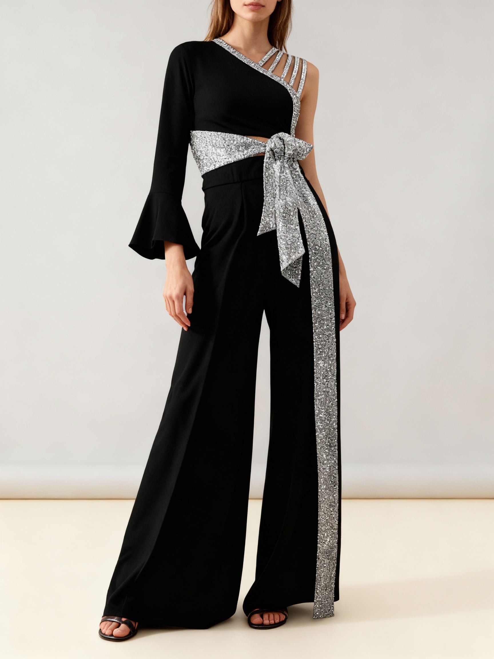 Zweiteiler Glitzer One Shoulder Schwarz