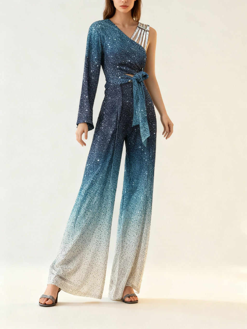 Zweiteiler Glitzer One Shoulder Blau